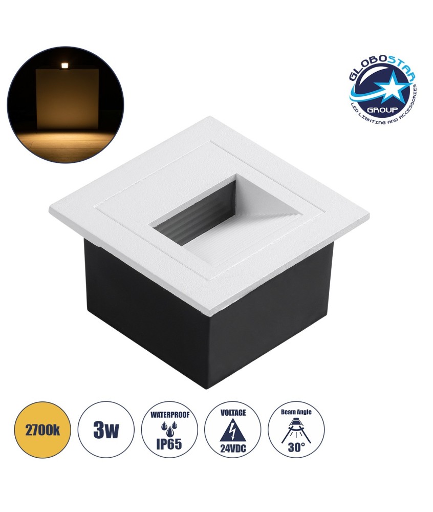 GLOBOSTAR® STEP-MINA 90626 Χωνευτό Αρχιτεκτονικό Φωτιστικό Διαδρόμου-Σκαλοπατιού LED 3W 330lm 30° DC 24V Αδιάβροχο IP65 Θερμό Λευκό 2700K Dimmable - Μαύρο & Λευκό - Μ8.3 x Π8.3 x Υ5cm - Μ6.6 x Π6.6cm - 3 Χρόνια Εγγύηση